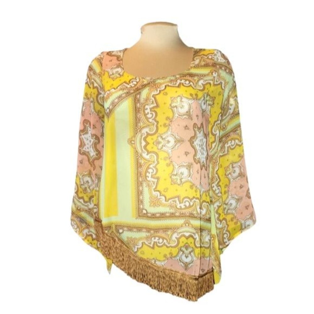 Ivy Jane Sheer Pink And Yellow Fringed Asymmetrical Boho Blouse Size S
